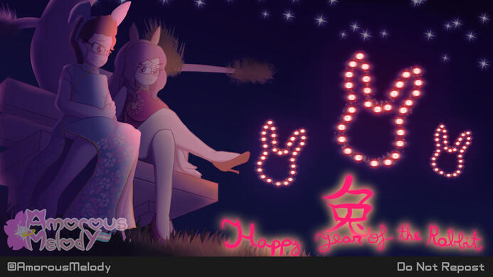 Myself and Mira (MajorMooch's female side) in Chinese dresses and bunny ears, sitting on a bench watching bunny shaped fireworks, with the text Happy Year of the Rabbit.