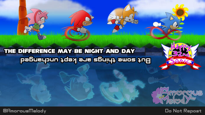 Drawing of Classic Sonic, Tails, Knuckles and Amy, running happily through Bridge Island from Sonic Superstars, as the reflection in the water shows their Modern counterparts, running stressed in Kronos Island.
