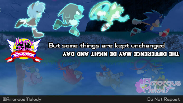 Drawing of Modern Sonic, Tails, Knuckles and Amy, running stressed through Kronos Island from Sonic Frontiers, as the reflection in the water shows their Classic counterparts, running happily in Bridge Island.