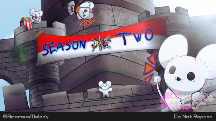 Drawing of Maushold standing on Theia Sky Ruins. One is falling from a rope, one of the parents is standing under the banner posing, the other parent is brushing the floor, in a panic seeing the other parent falling. One of the kids is posing under the ban